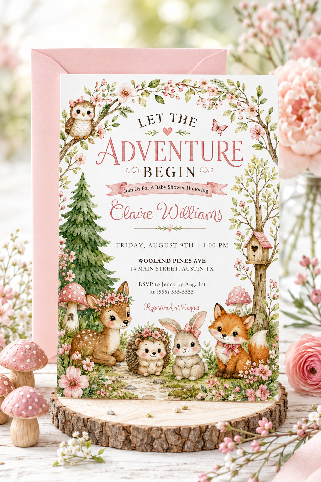 Woodland baby girl shower invitation with deer, fox, bunny, hedgehog, owl, pink flowers, leafy branches, mushrooms, birdhouse, and soft forest details