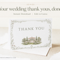 Sage green botanical vine wedding stationery suite showing invitation, details enclosure card, and folded thank you card with watercolor estate illustration, editable in Canva
