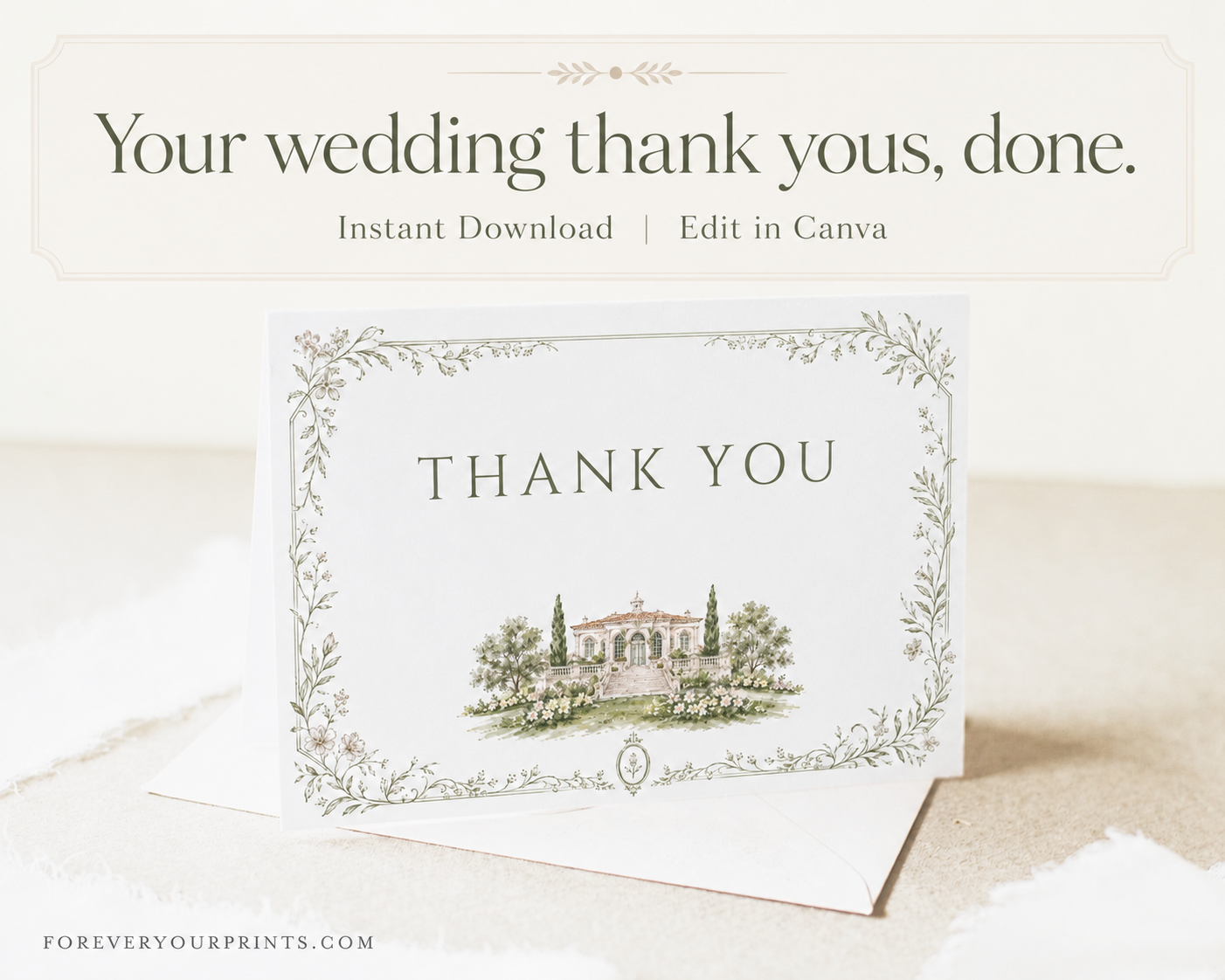 Sage green botanical vine wedding stationery suite showing invitation, details enclosure card, and folded thank you card with watercolor estate illustration, editable in Canva
