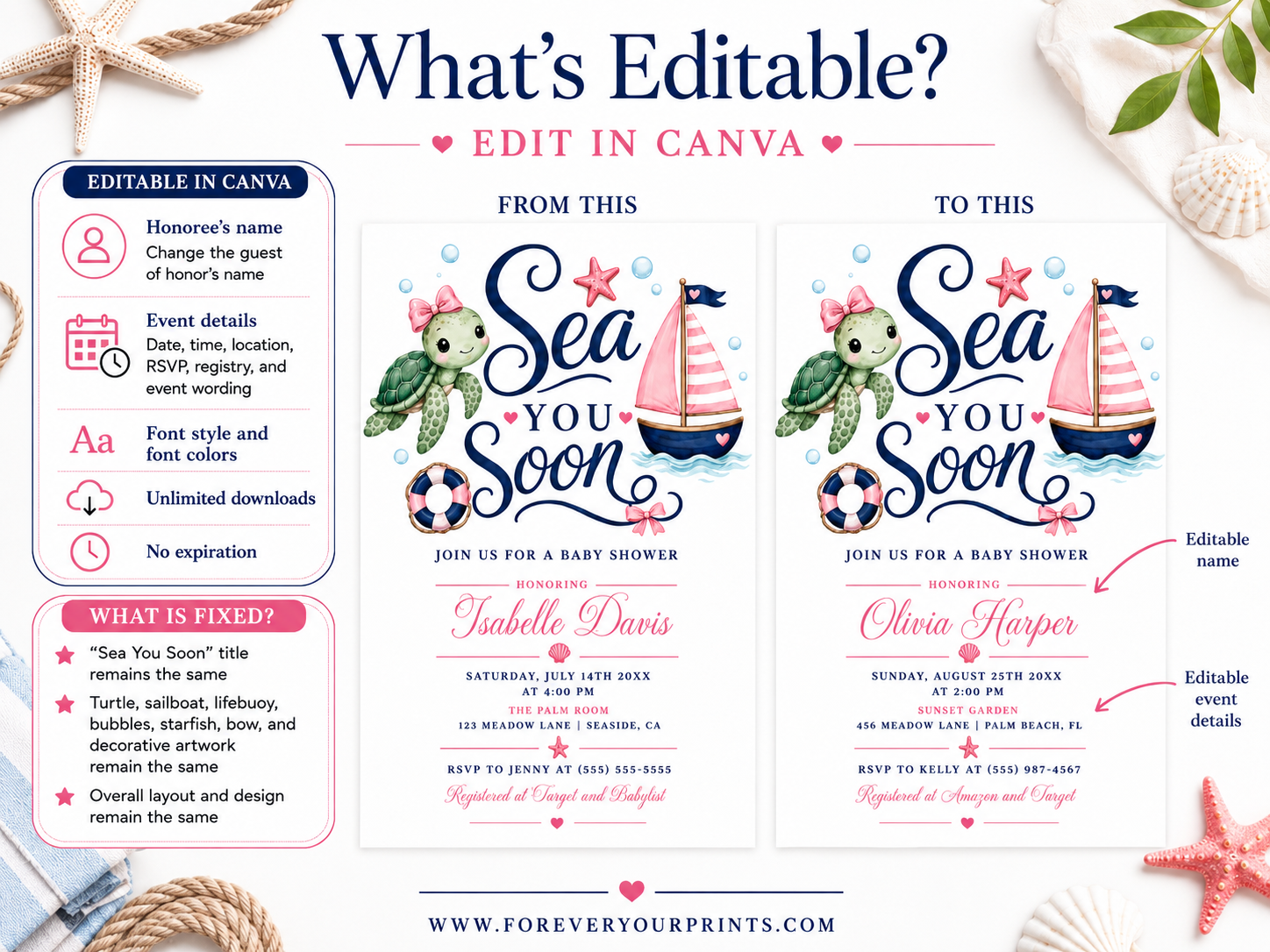 Editable pink nautical girl baby shower invitation Canva template with watercolour sea turtle with pink bow, pink striped sailboat, navy and pink life ring, starfish, and bold navy script with pink calligraphy on a white background