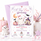 Halloween girl baby shower invitation with cute ghost, pink pumpkin, bats, crescent moon, haunted house, spiderwebs, stars, and pastel Halloween baby shower details