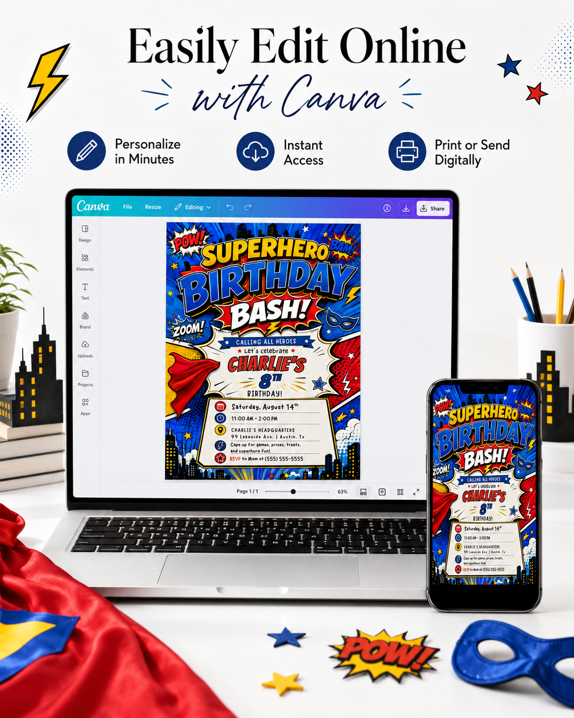 Superhero birthday invitation featuring a bold comic book design with POW, BAM and ZOOM graphics, city skyline, cape, mask, stars and lightning bolts.
