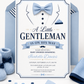 Little gentleman baby shower invitation with blue bow tie, tuxedo shirt details, navy buttons, pocket square, mustache, ribbon banner, and elegant baby boy design