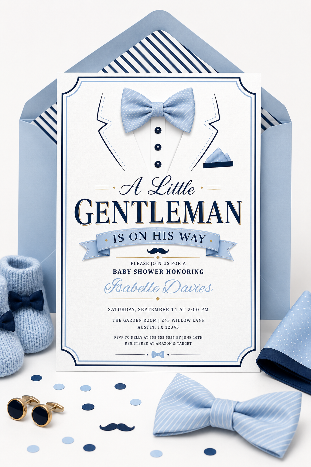 Little gentleman baby shower invitation with blue bow tie, tuxedo shirt details, navy buttons, pocket square, mustache, ribbon banner, and elegant baby boy design