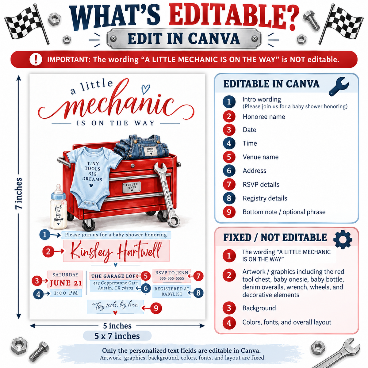 Little mechanic baby shower invitation with red tool chest, wrench, baby overalls, bodysuit, bottle, and garage-themed baby boy shower details
