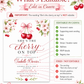 Cherry baby shower invitation with watercolor cherries, pink cherry blossoms, leafy branches, pink bow, elegant script lettering, and clean white background