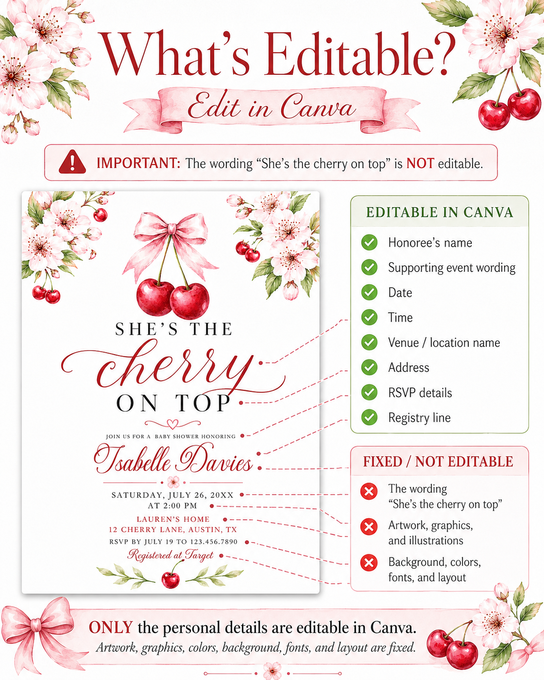 Cherry baby shower invitation with watercolor cherries, pink cherry blossoms, leafy branches, pink bow, elegant script lettering, and clean white background