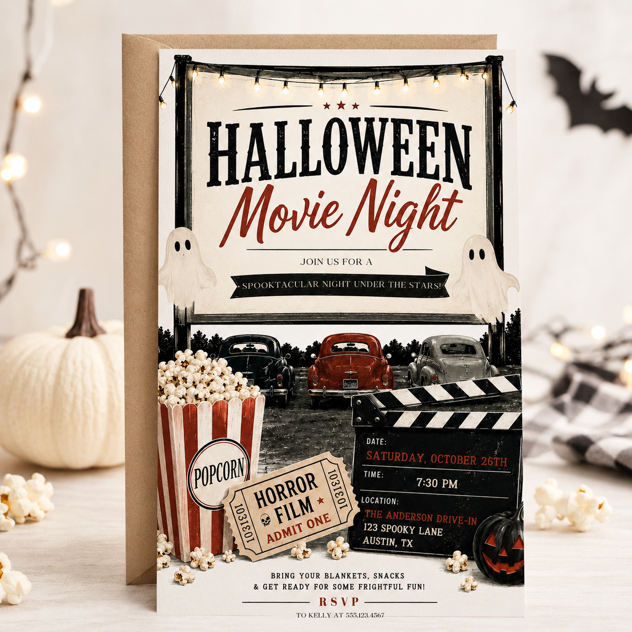 Halloween movie night invitation with vintage drive-in theater, classic cars, popcorn, horror film ticket, clapperboard, ghosts, and black jack-o-lantern
