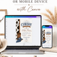 Editable cowboy baby shower invitation Canva template with cowhide side panel, leather cowboy boots, baby denim boots, bandana, horseshoe accent, and bold navy and brown distressed typography on a cream background