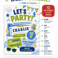 Let’s party boy birthday invitation with blue and green sticker-style graphics, stars, lightning bolts, sunglasses, banners, and retro party details