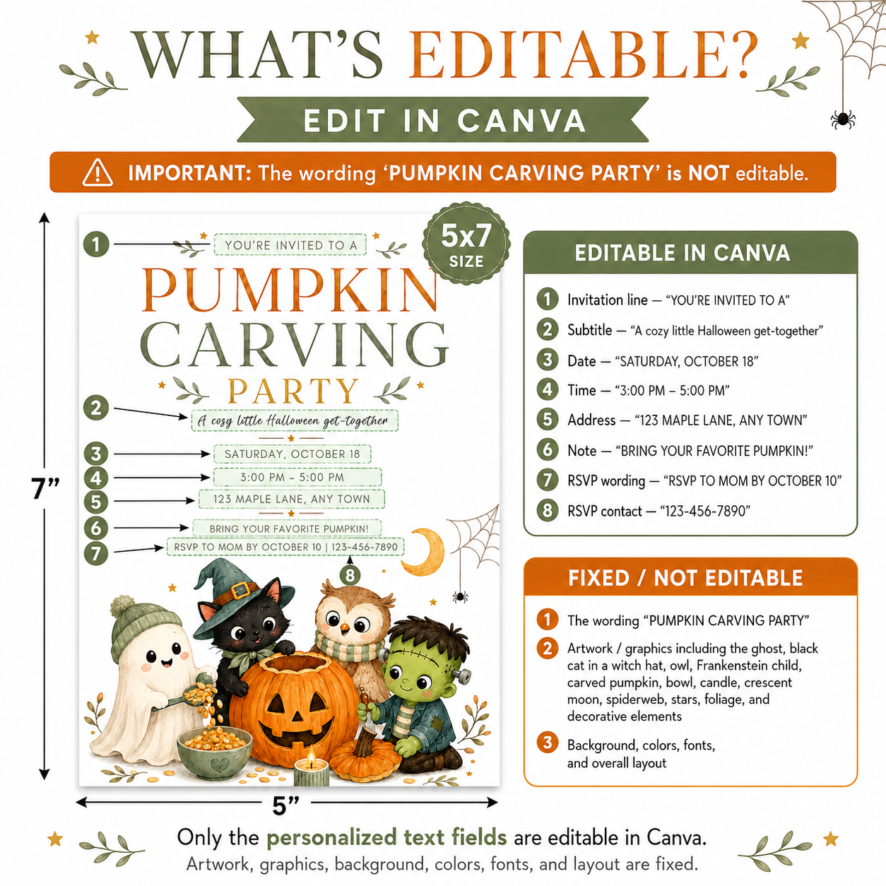 Pumpkin carving party invitation with ghost, black cat, owl, Frankenstein, carved pumpkin, and cute Halloween party details