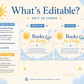Editable here comes the son books for baby card Canva template with smiling sun, blue toy airplane, fluffy clouds, and navy and golden script typography on a warm cream background, landscape orientation
