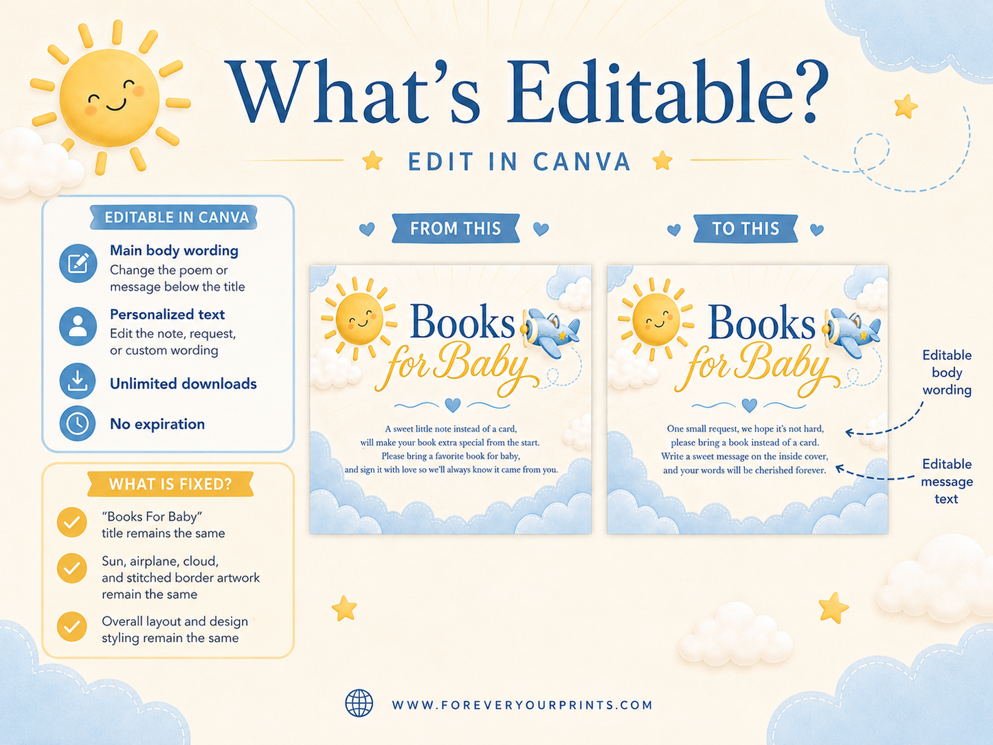 Editable here comes the son books for baby card Canva template with smiling sun, blue toy airplane, fluffy clouds, and navy and golden script typography on a warm cream background, landscape orientation