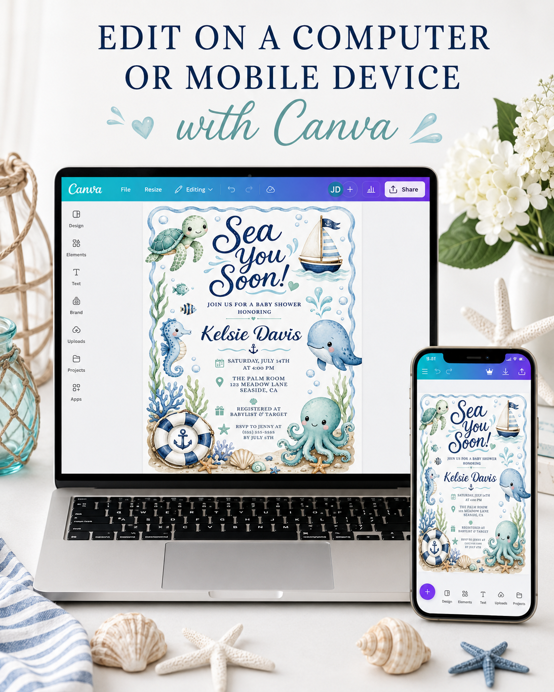 Editable sea you soon baby shower invitation Canva template with watercolour sea turtle, whale, octopus, seahorse, sailboat, anchor life ring, shells, and starfish in soft blue tones with wave border on a white background