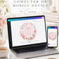 Editable wildflower baby shower round thank you sticker Canva template with watercolour roses, lavender, cosmos, butterfly details, and script typography on a soft blush background, shown tied to a kraft gift box