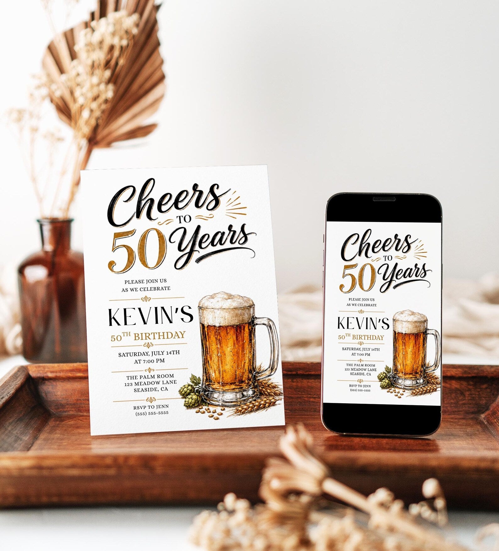 Beer 50th birthday invitation with frothy beer mug, hops, wheat, black and gold lettering, clean white background, and masculine milestone party details