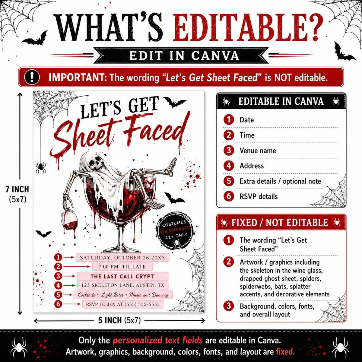 Adult Halloween party invitation with Let’s Get Sheet Faced headline, ghostly skeleton in a red cocktail glass, bats, and spiderwebs