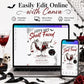 Adult Halloween party invitation with Let’s Get Sheet Faced headline, ghostly skeleton in a red cocktail glass, bats, and spiderwebs