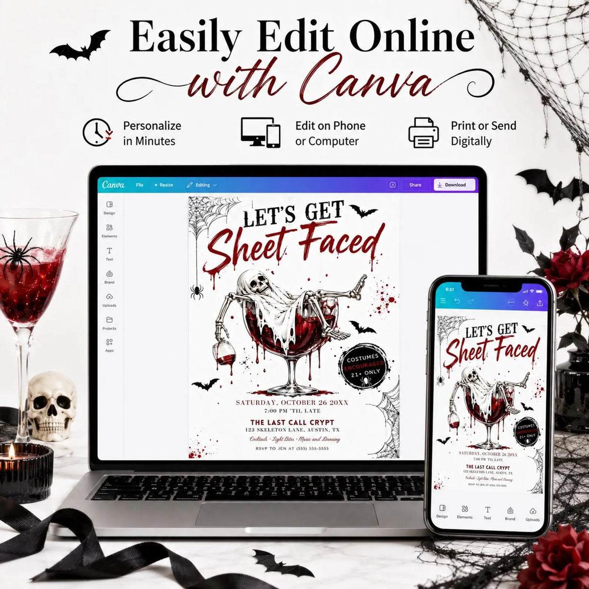 Adult Halloween party invitation with Let’s Get Sheet Faced headline, ghostly skeleton in a red cocktail glass, bats, and spiderwebs
