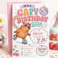 Capybara birthday invitation with roller skates, heart sunglasses, disco ball, rainbow, daisies, cherries, and colorful retro girl birthday party details