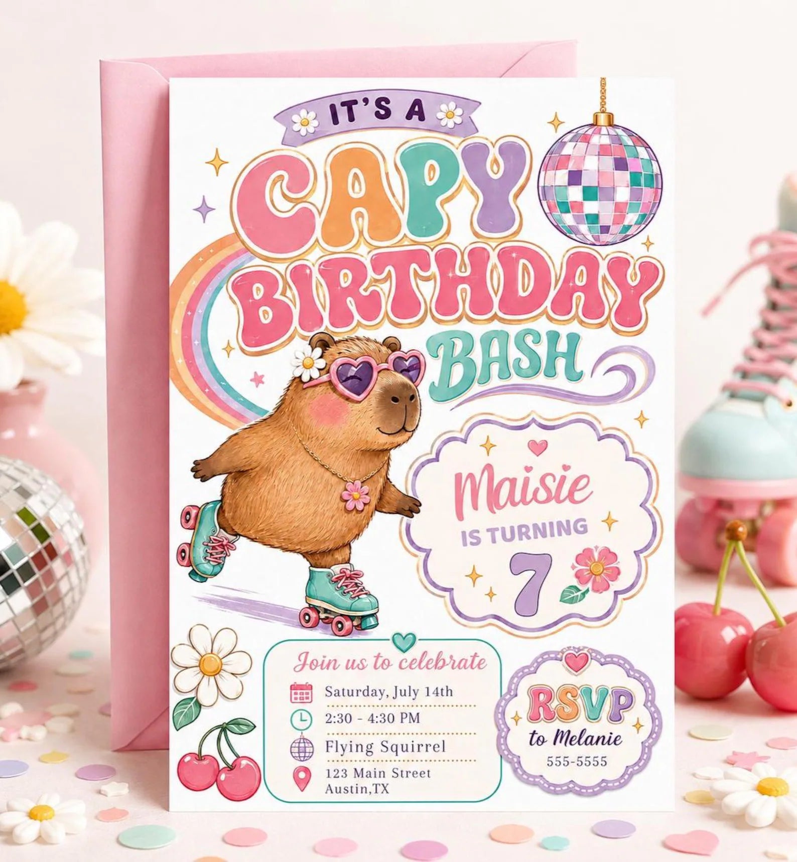 Capybara birthday invitation with roller skates, heart sunglasses, disco ball, rainbow, daisies, cherries, and colorful retro girl birthday party details