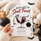 Adult Halloween party invitation with Let’s Get Sheet Faced headline, ghostly skeleton in a red cocktail glass, bats, and spiderwebs