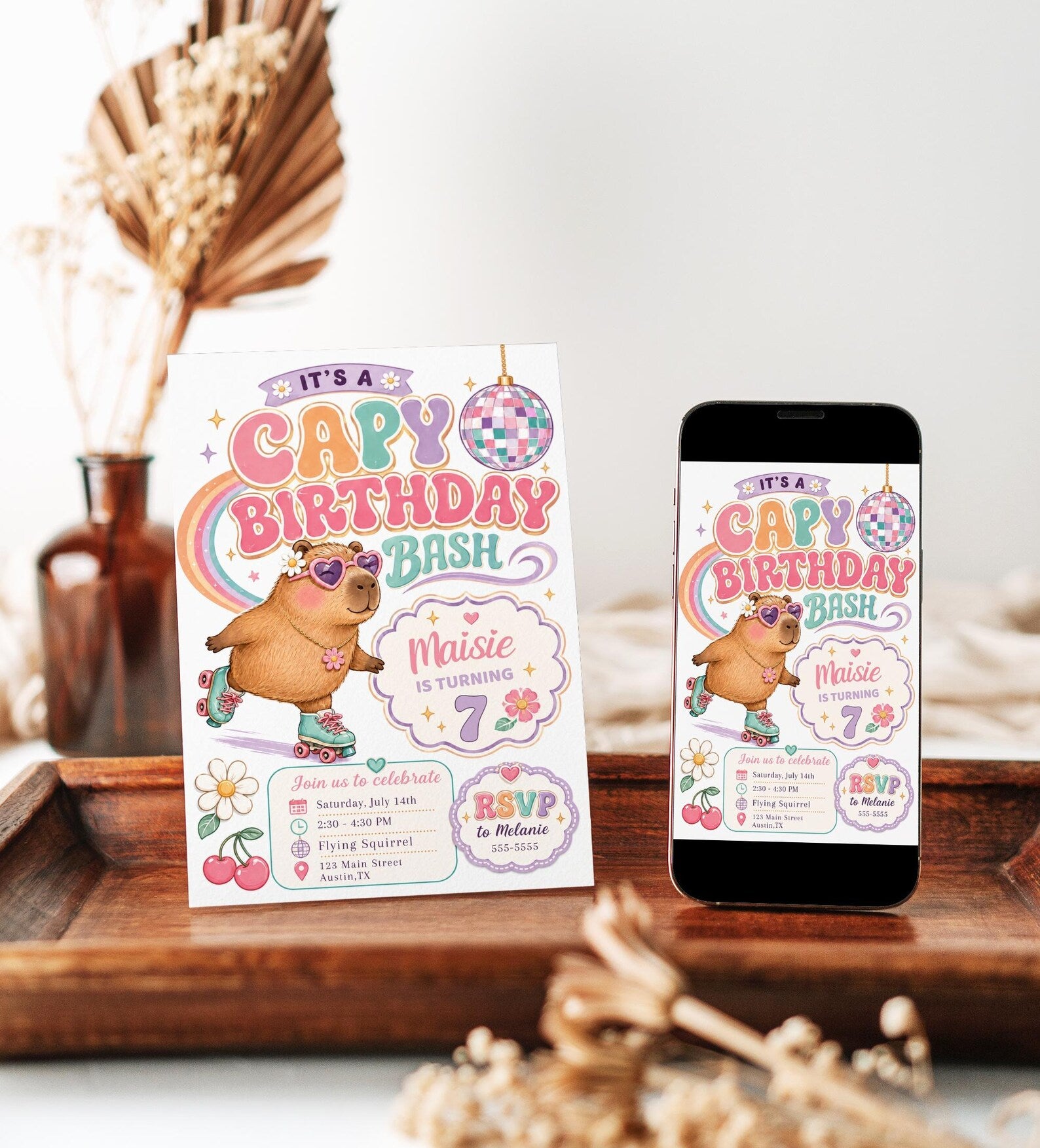 Capybara birthday invitation with roller skates, heart sunglasses, disco ball, rainbow, daisies, cherries, and colorful retro girl birthday party details
