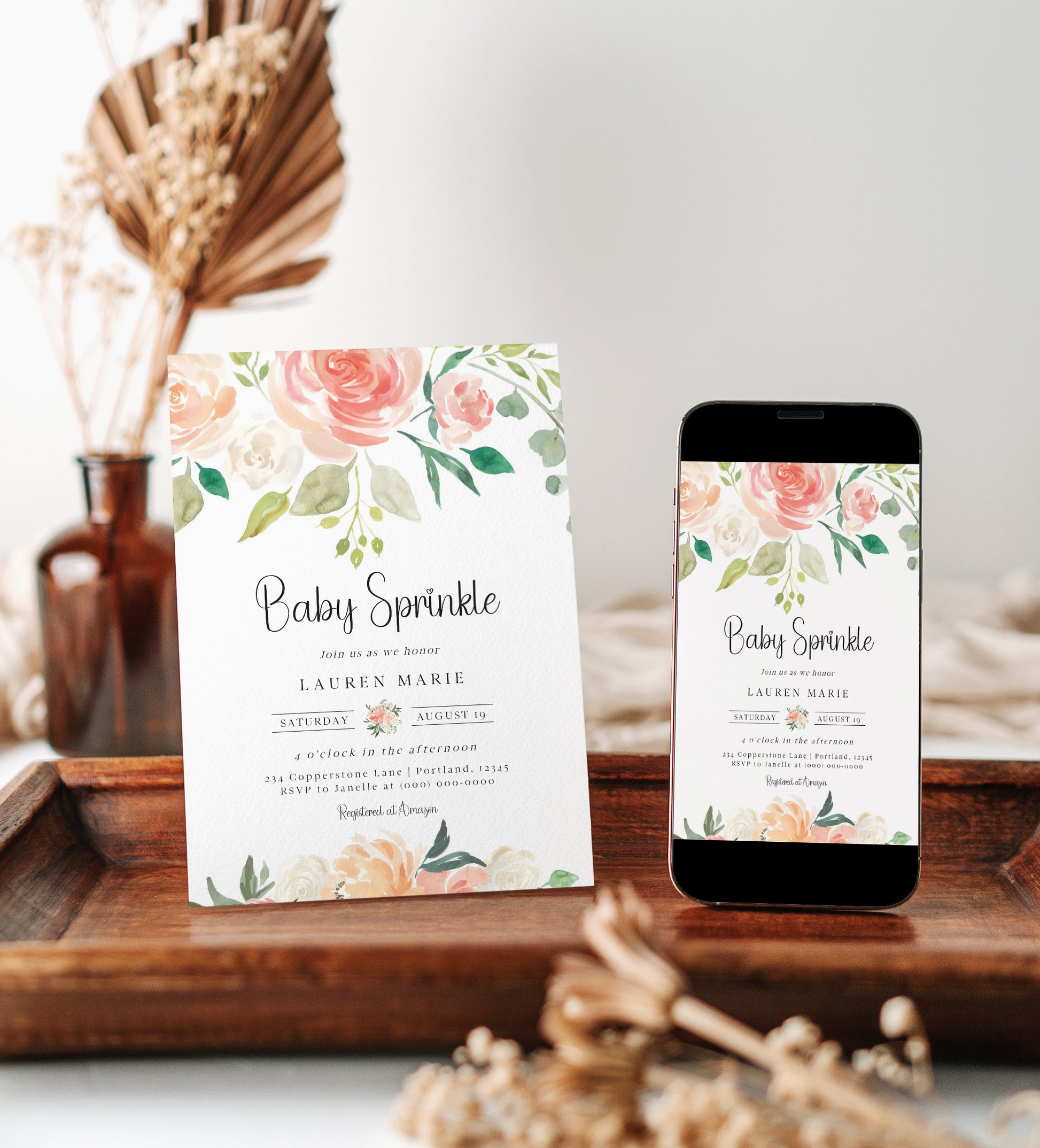 Peach floral baby sprinkle invitation with coral watercolor flowers | www.foreveryourprints.com