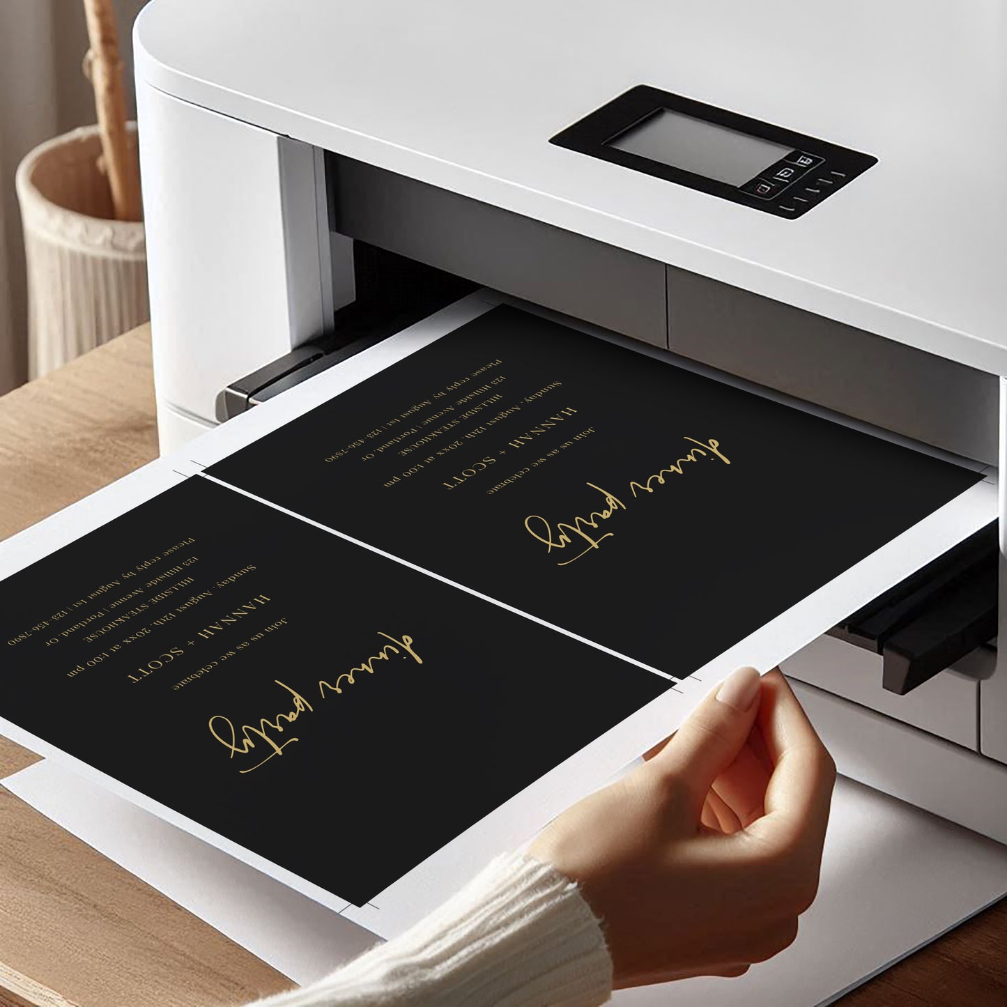 Formal dinner party invitation with gold script on black background, perfect for elegant upscale events | www.foreveryourprints.com