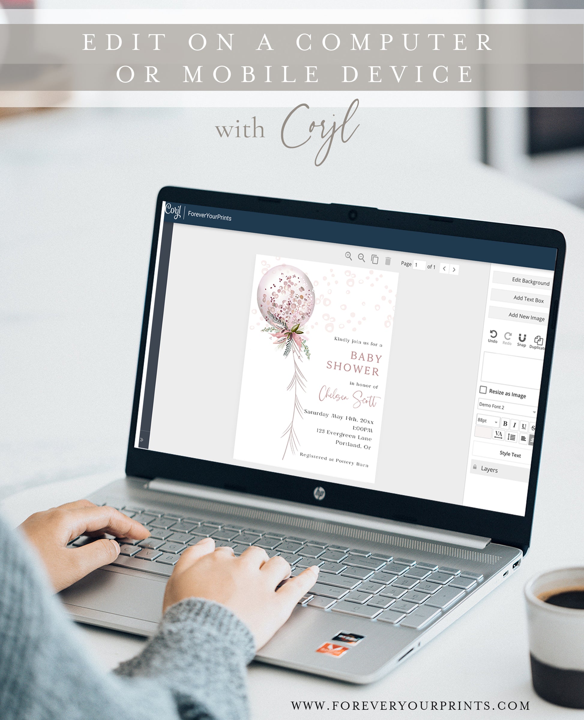 Editable baby shower invitation with pink balloon and floral greenery, personalized online with Corjl | www.foreveryourprints.com”