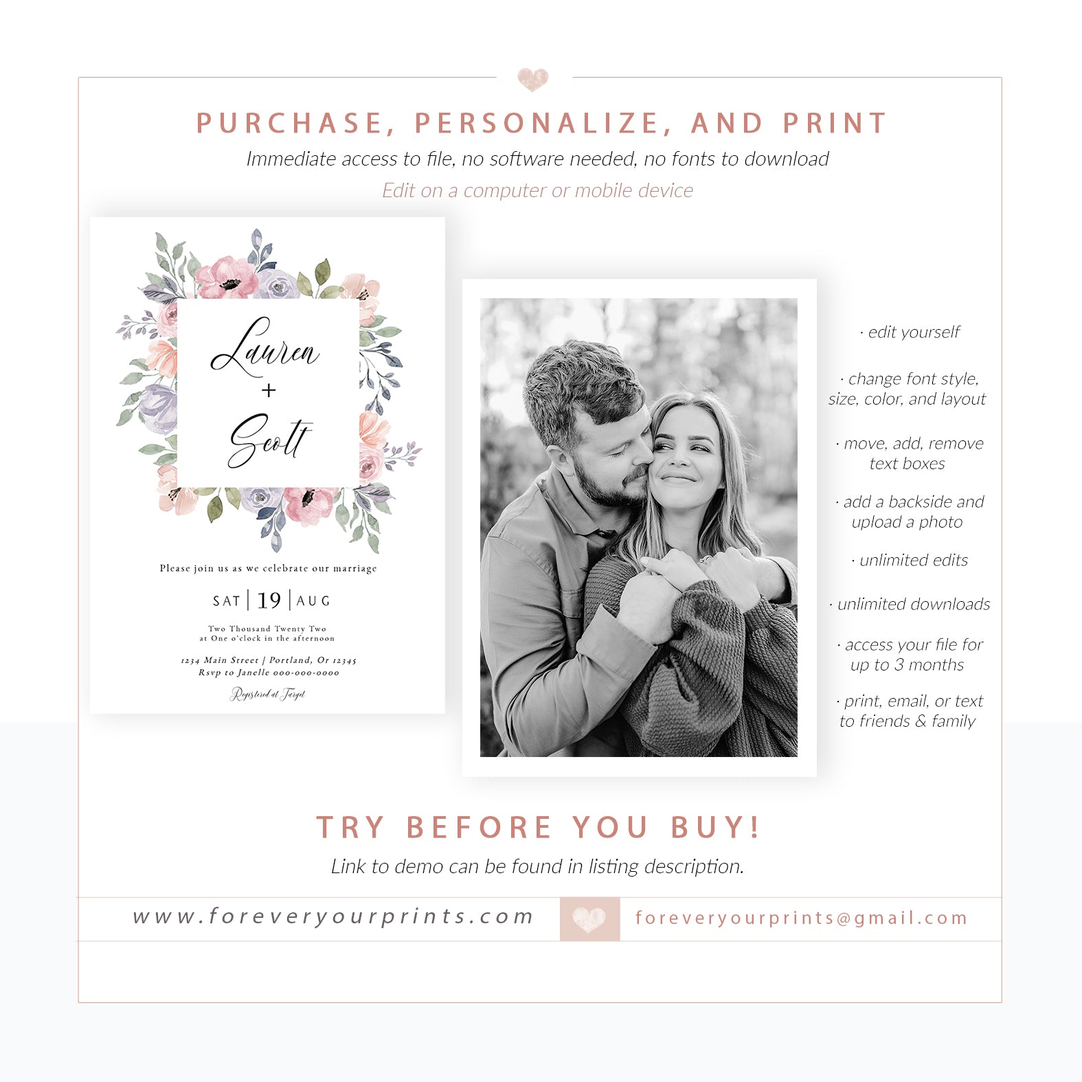 Floral Wedding Invitation | www.foreveryourprints.com
