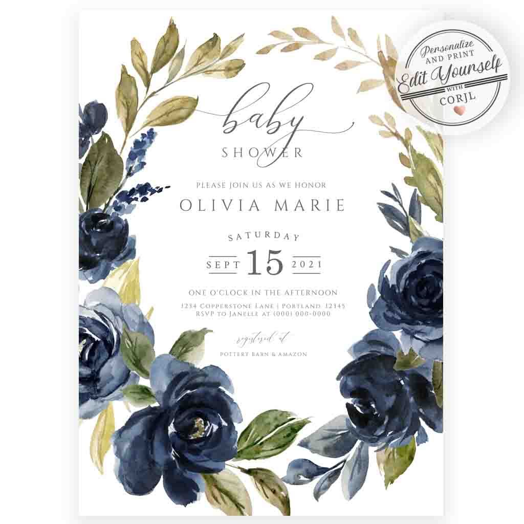 Navy Florals Baby Shower Invitation | www.foreveryourprints.com