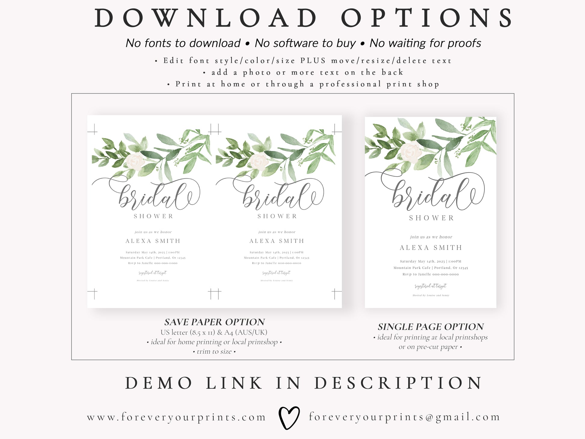 Greenery Bridal Shower Invitation | www.foreveryourprints.com
