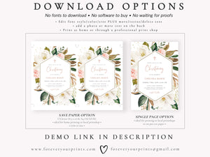 Magnolia Floral Christening Invitation | www.foreveryourprints.com