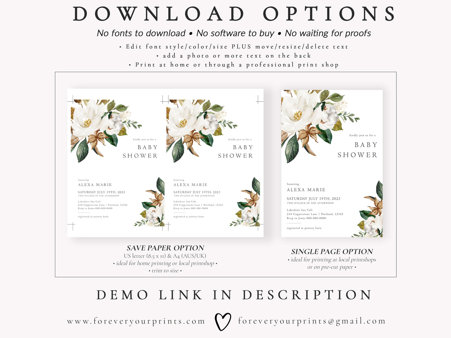 Magnolia Floral Baby Shower Invitation | www.foreveryourprints.com