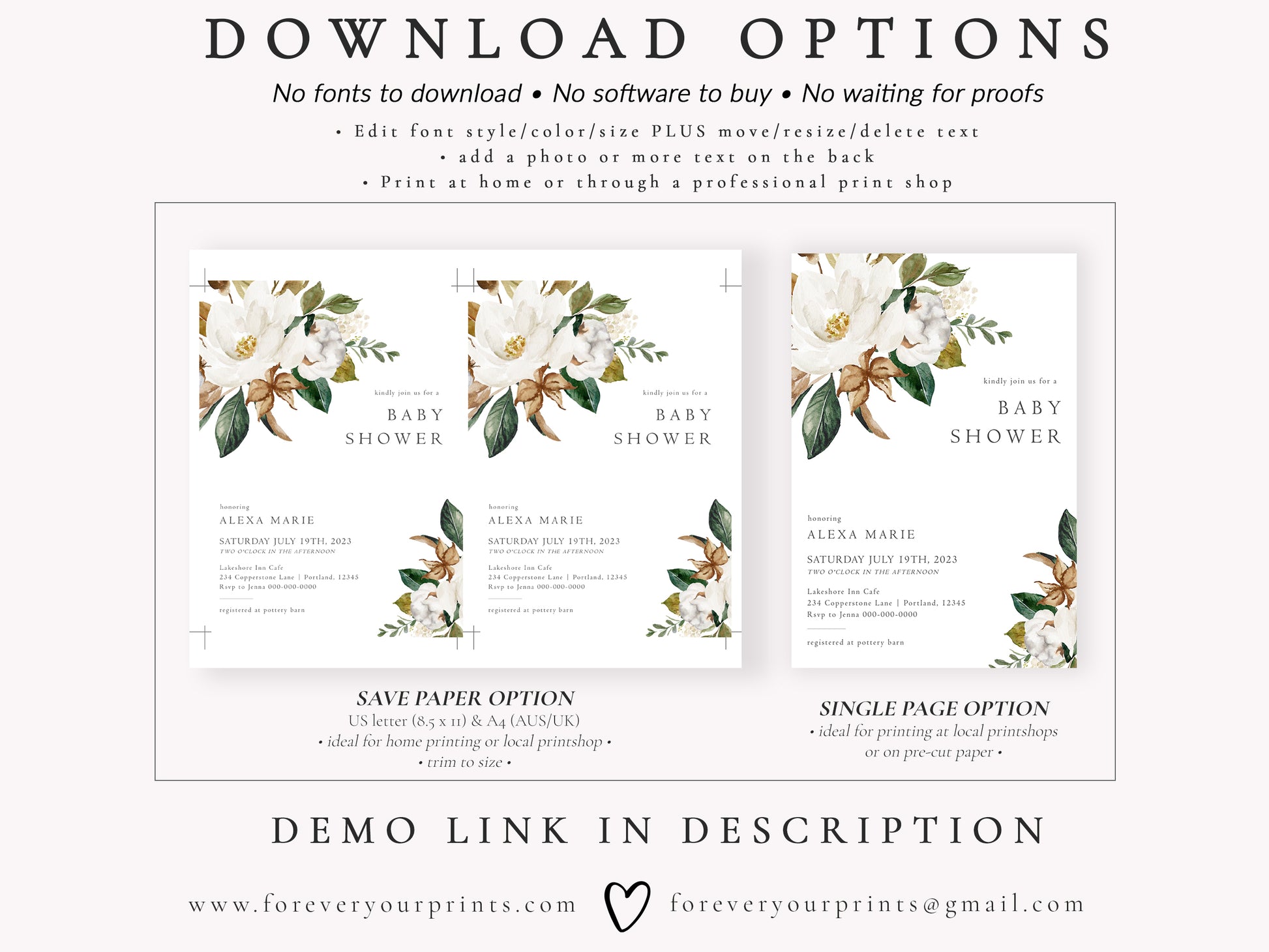 Magnolia Floral Baby Shower Invitation | www.foreveryourprints.com