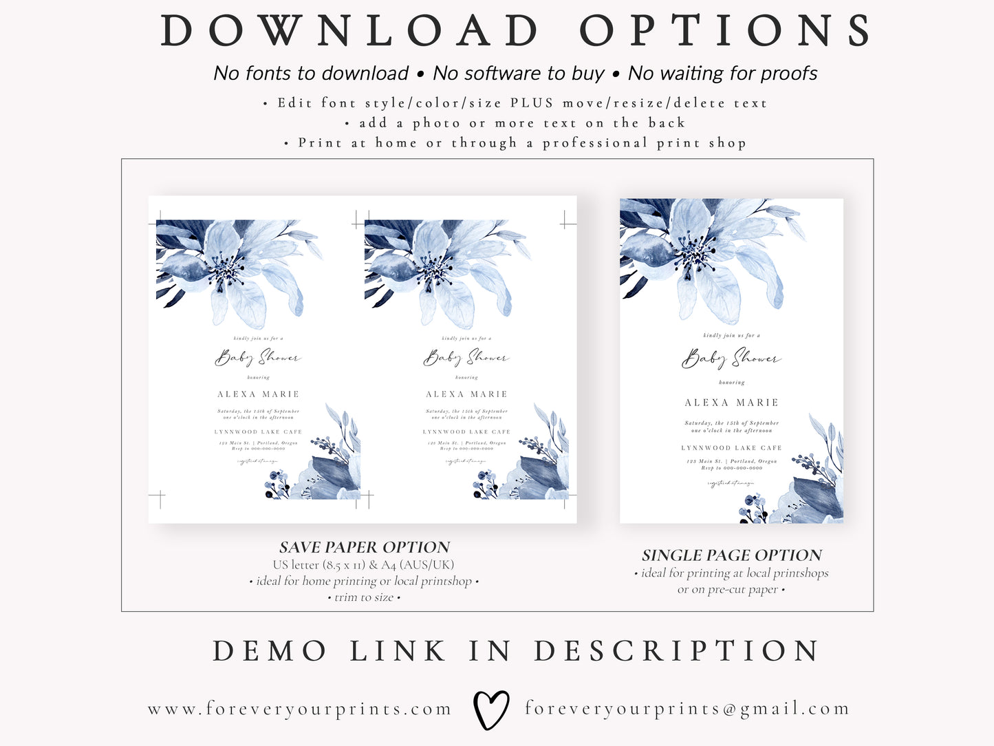 Blue Florals Baby Shower Invitation | www.foreveryourprints.com