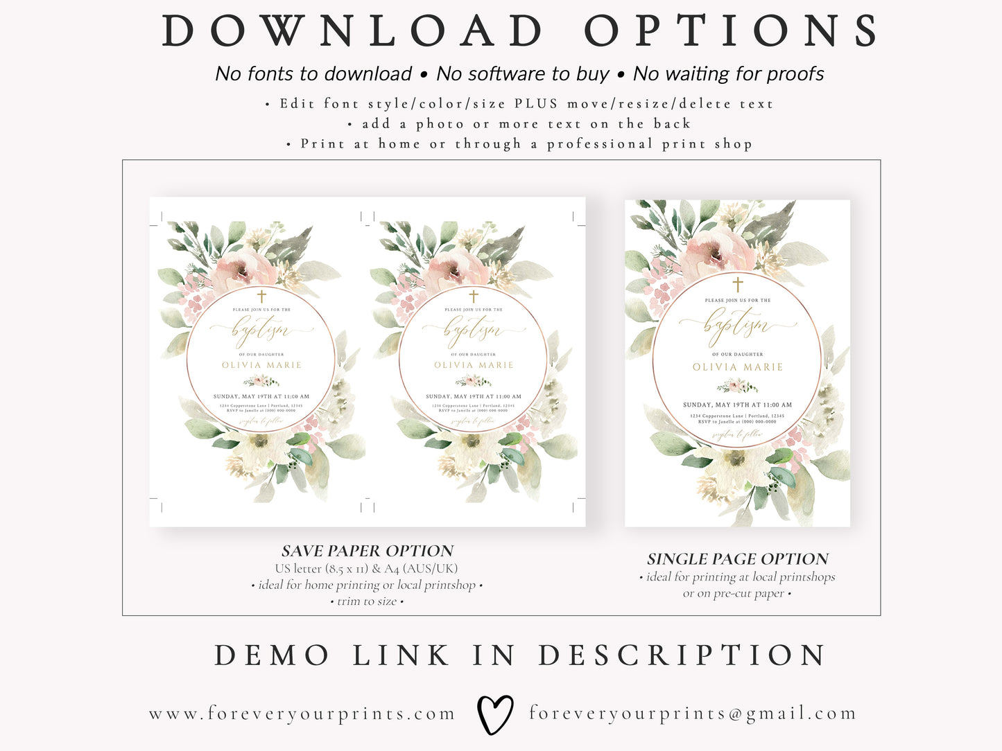 Floral Boho Baptism Invitation | www.foreveryourprints.com