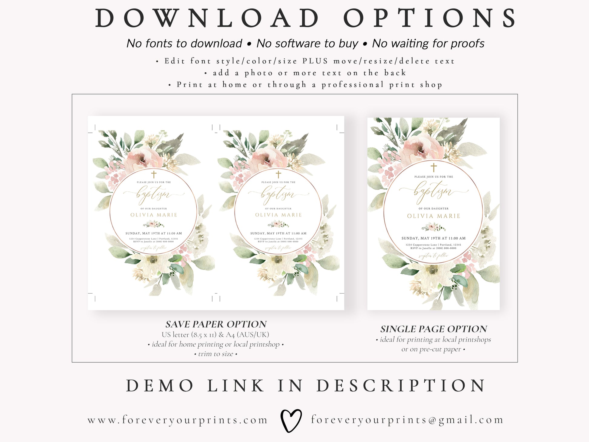 Floral Boho Baptism Invitation | www.foreveryourprints.com