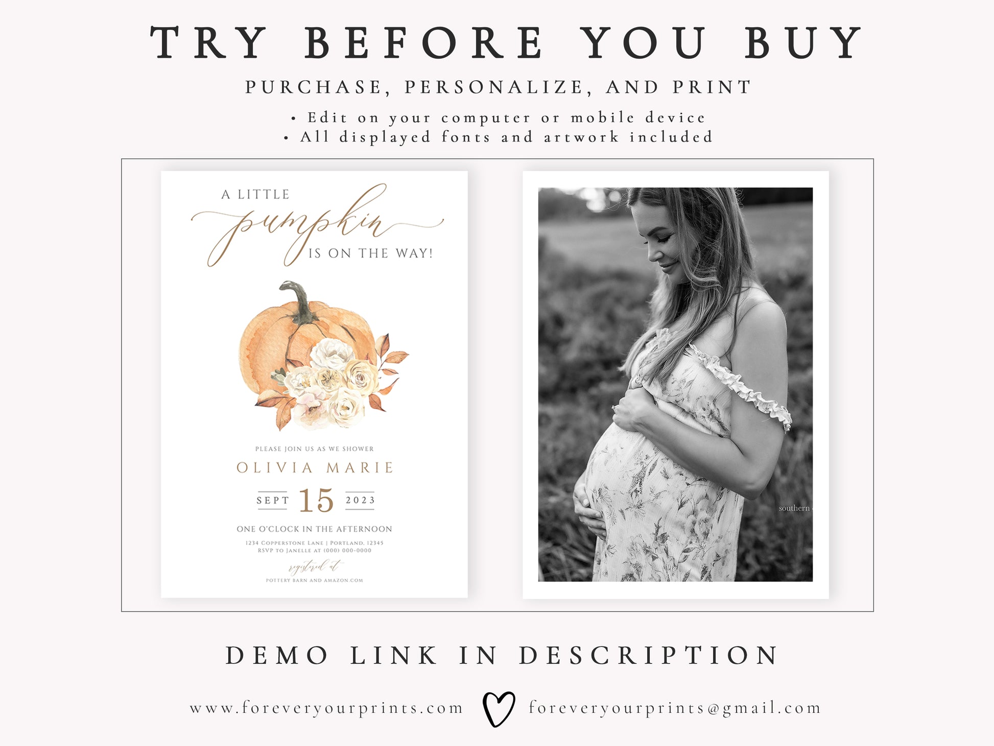 Little Pumpkin Baby Shower Invitation | www.foreveryourprints.com