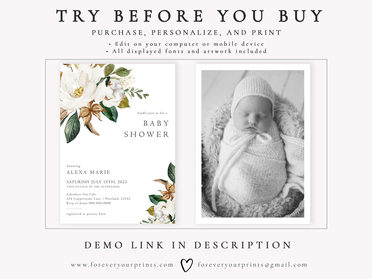 Magnolia Floral Baby Shower Invitation | www.foreveryourprints.com