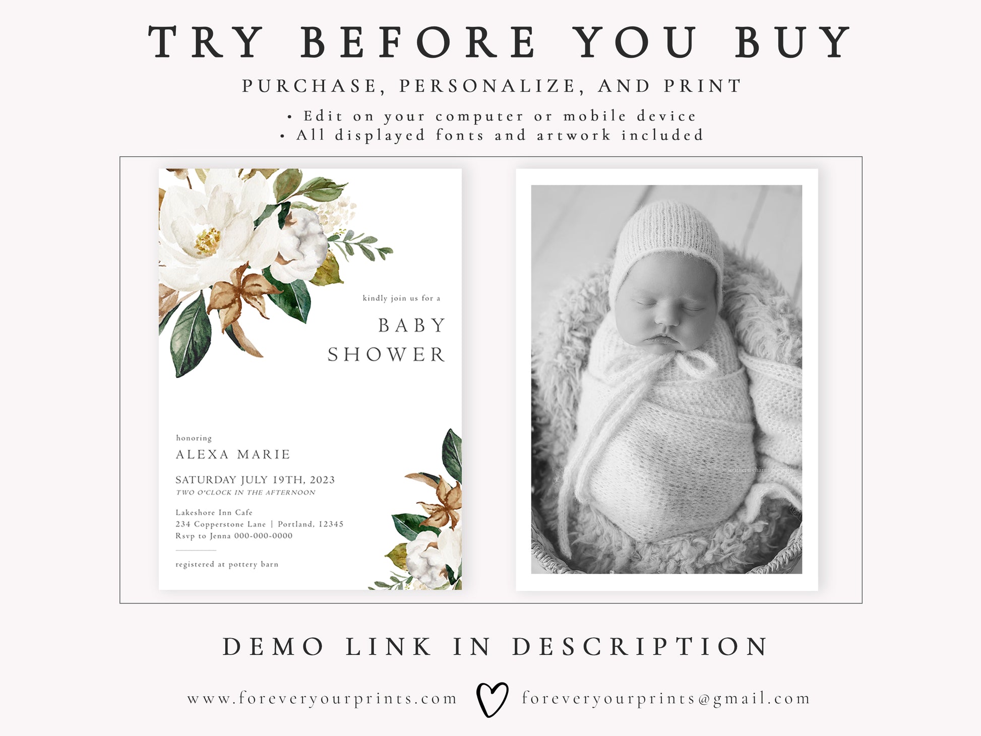 Magnolia Floral Baby Shower Invitation | www.foreveryourprints.com