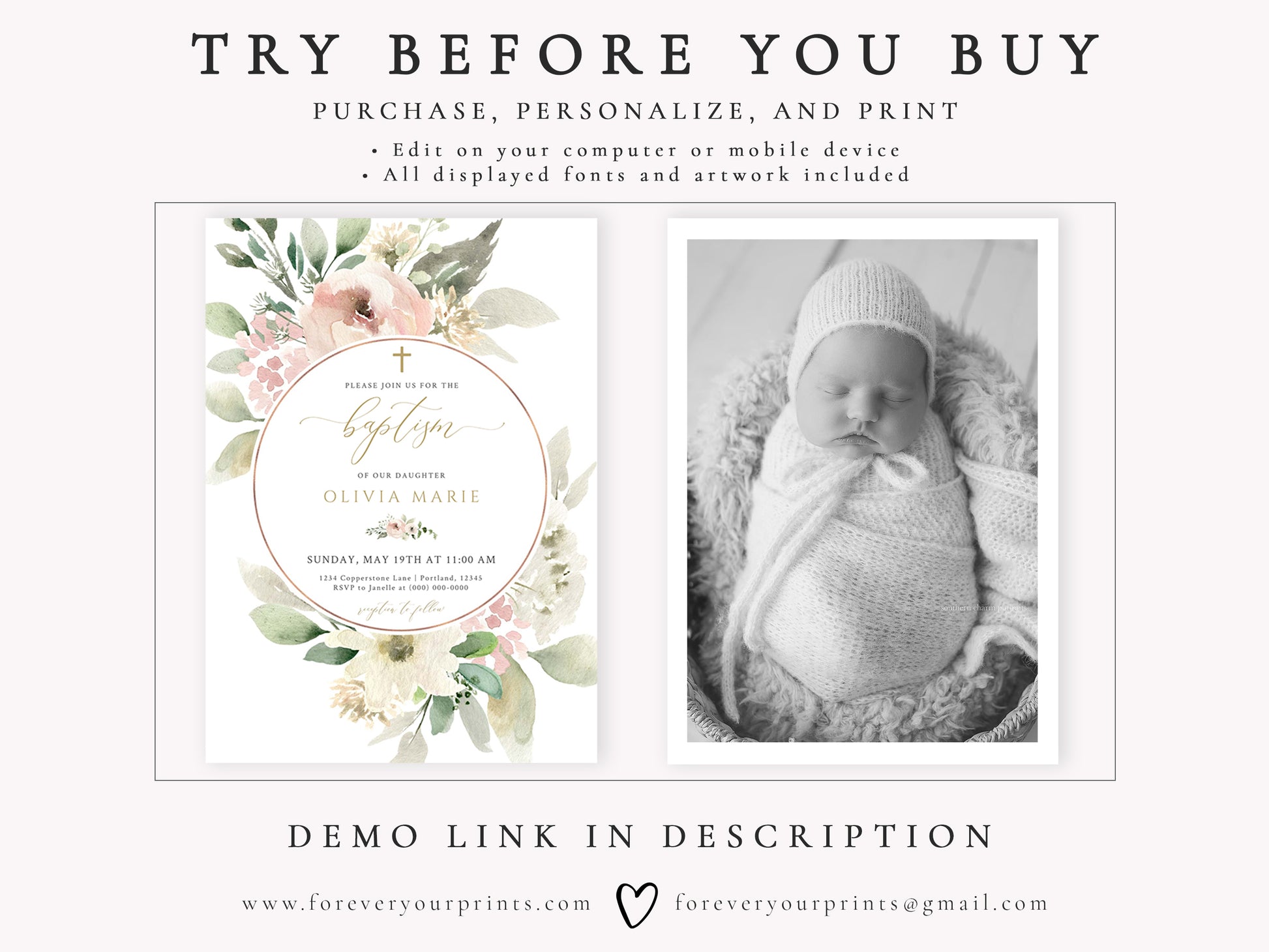 Floral Boho Baptism Invitation | www.foreveryourprints.com
