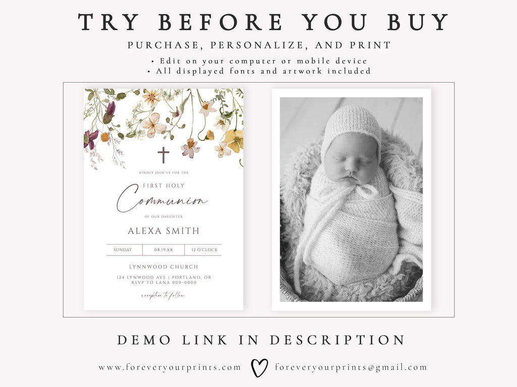 Wildflower First Holy Communion Invitation | www.foreveryourprints.com