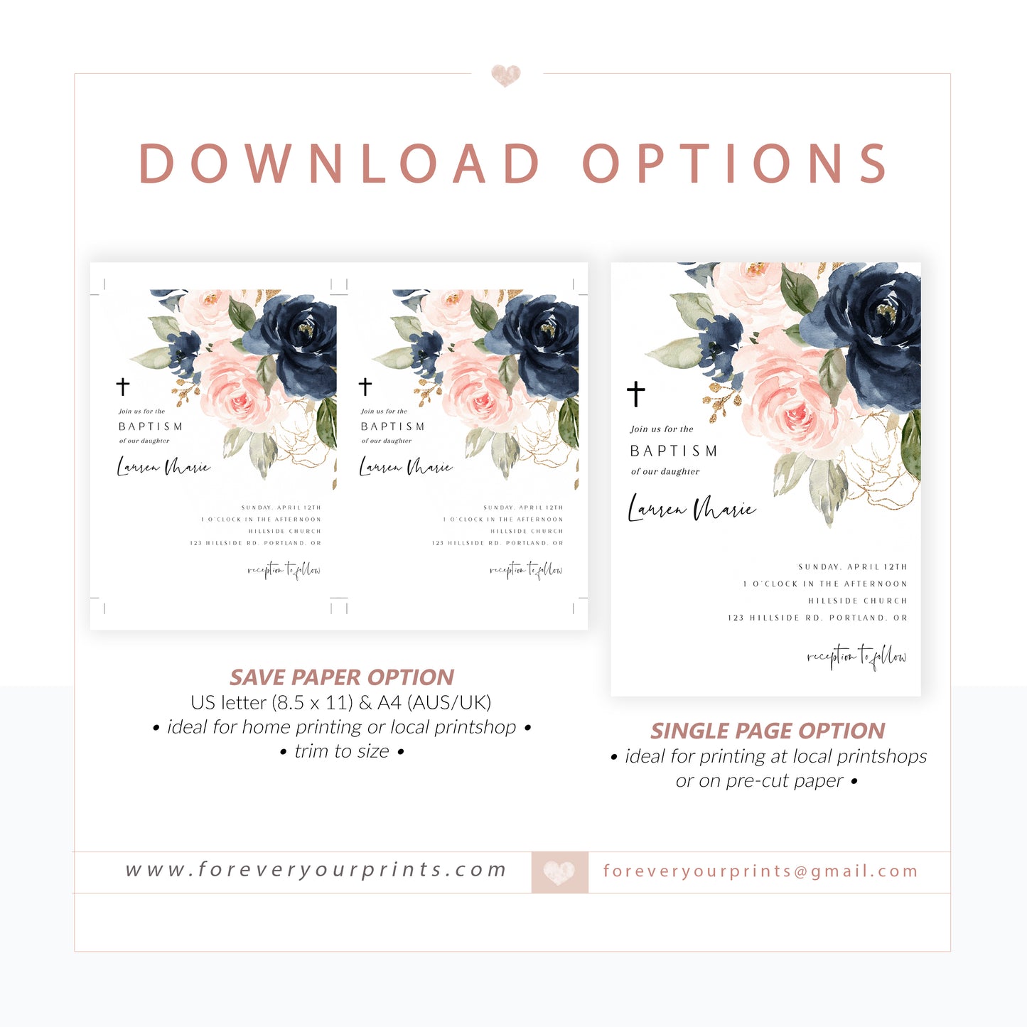 Floral Baptism Invitation | www.foreveryourprints.com