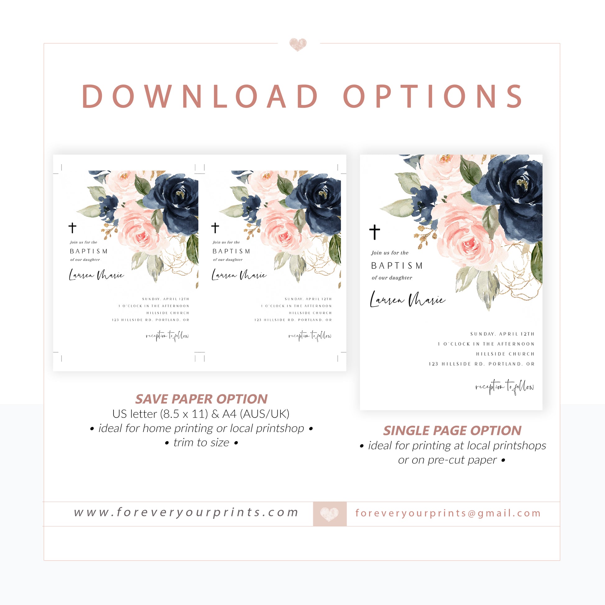 Floral Baptism Invitation | www.foreveryourprints.com