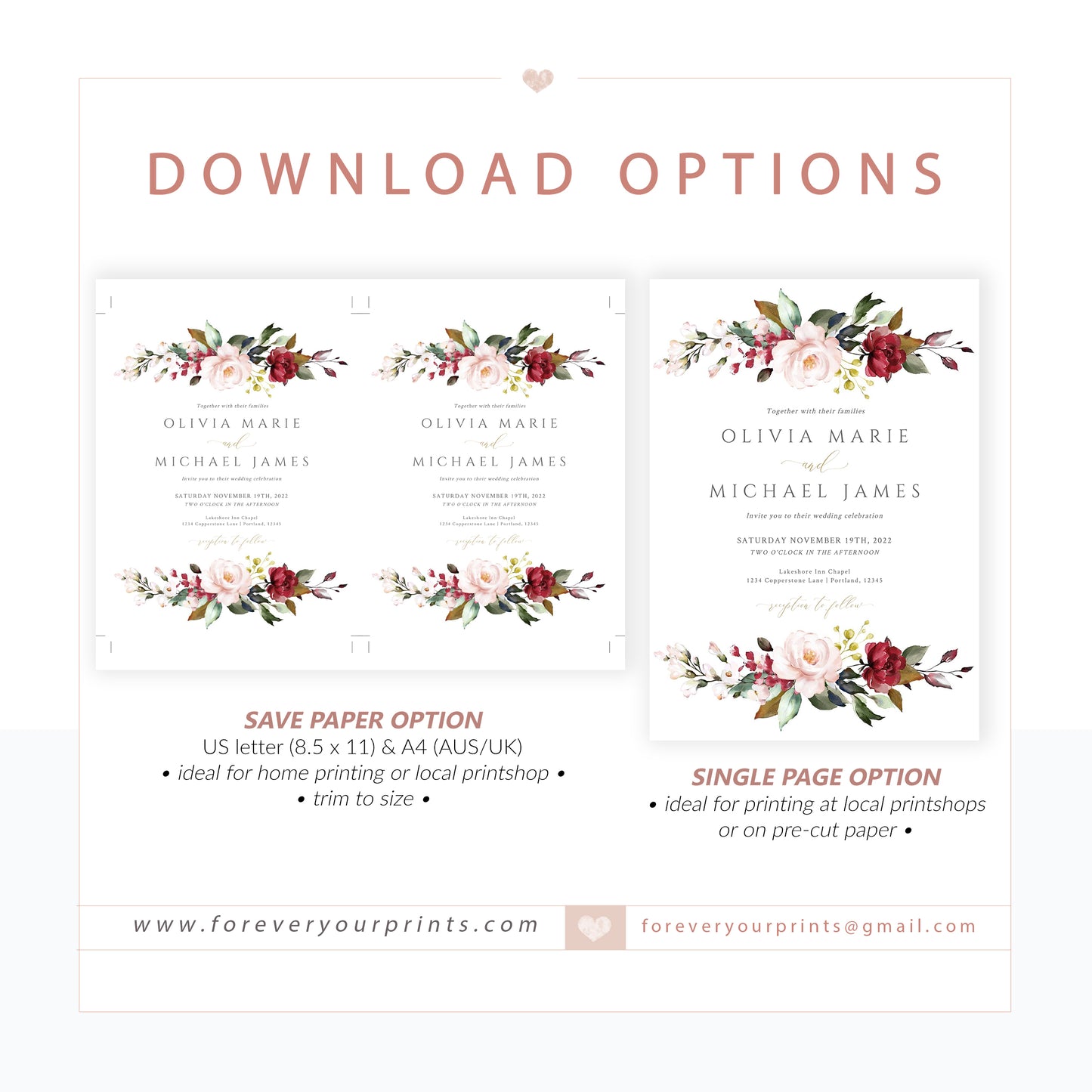 Burgundy Floral Wedding Invitation | www.foreveryourprints.com