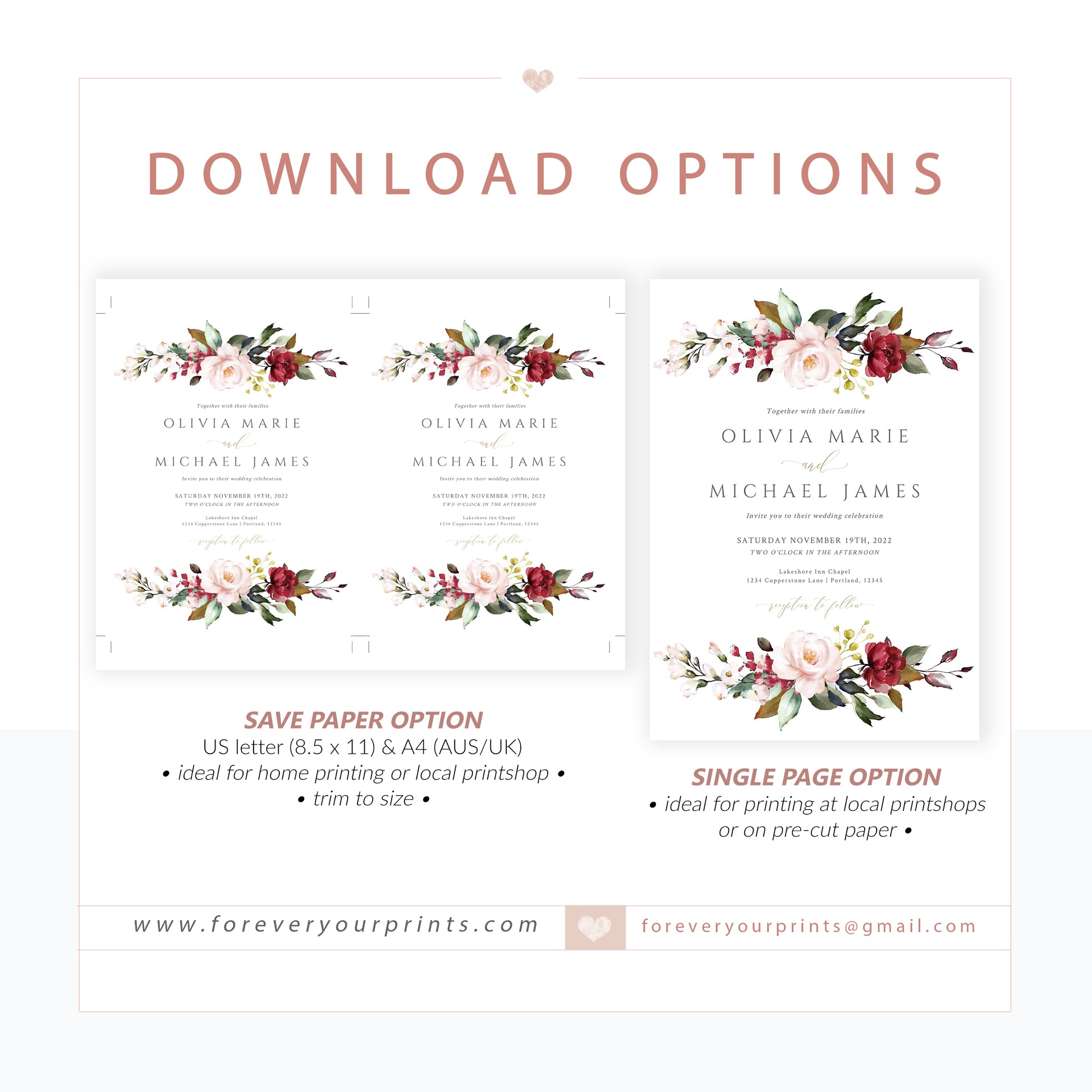 Burgundy Floral Wedding Invitation | www.foreveryourprints.com