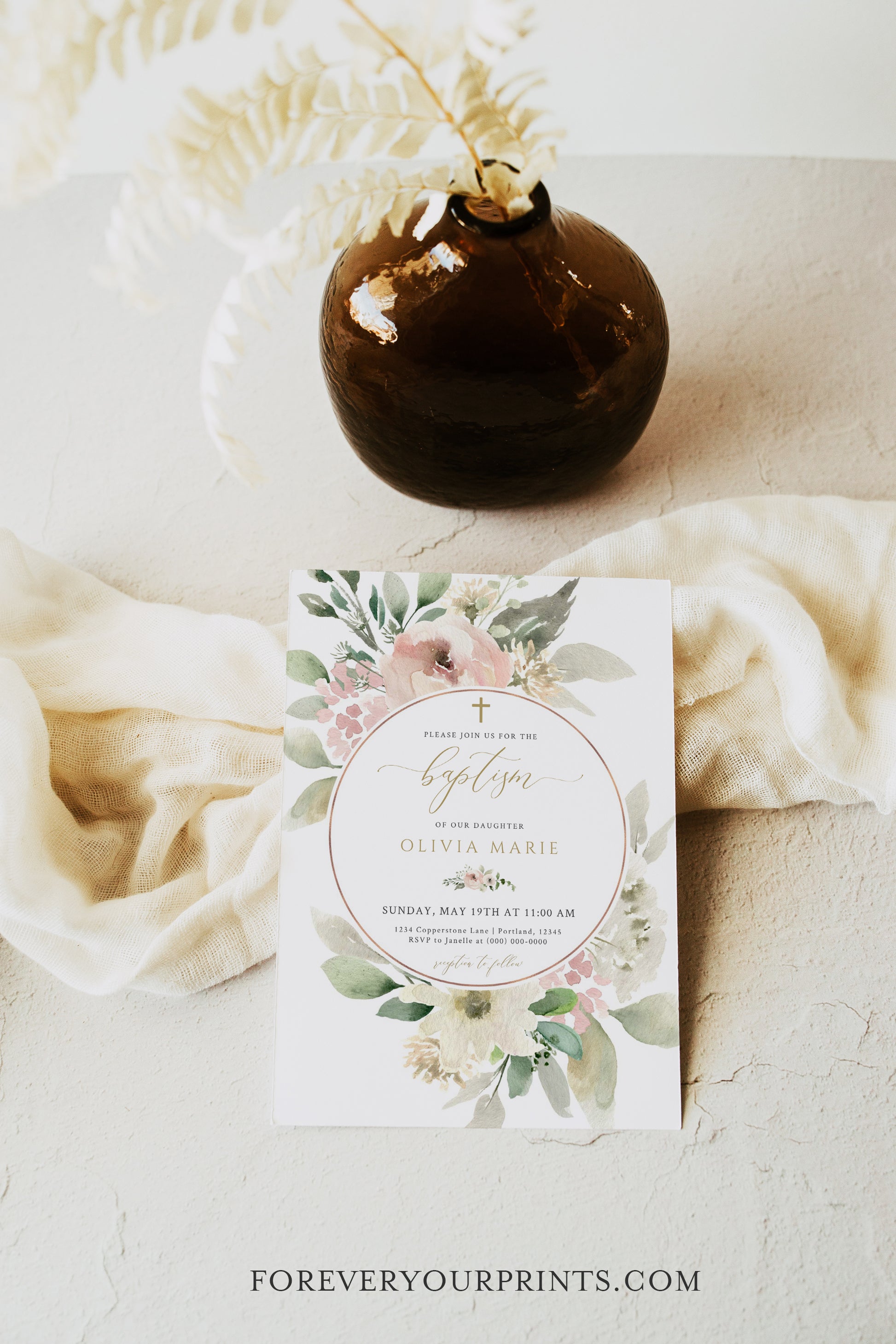 Floral Boho Baptism Invitation | www.foreveryourprints.com