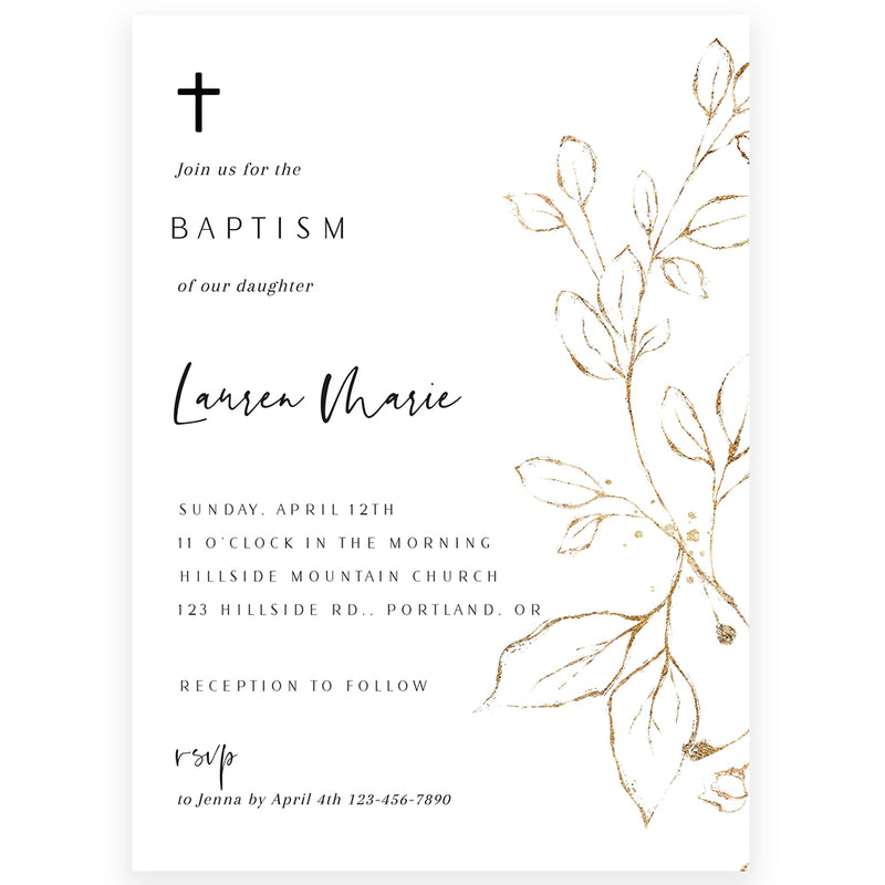 Golden Leaf Baptism Invitation | www.foreveryourprints.com